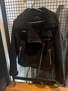 Zara Black Faux Shearling Biker Jacket